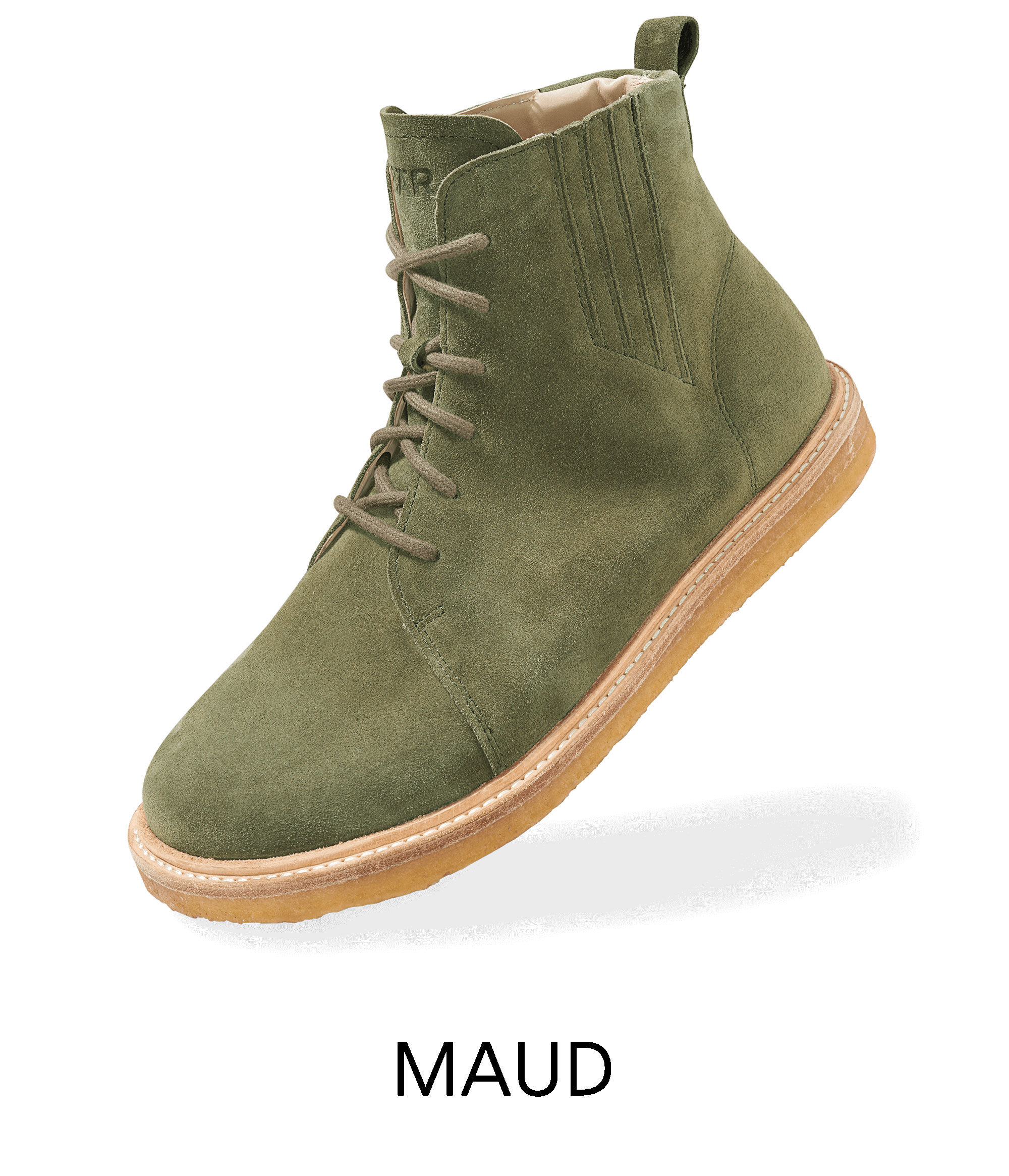 Stylish Olive Green Suede Ankle Boots A pair of olive green suede ankle boots with a brown sole and lace-up design featuring the MAUD brand.