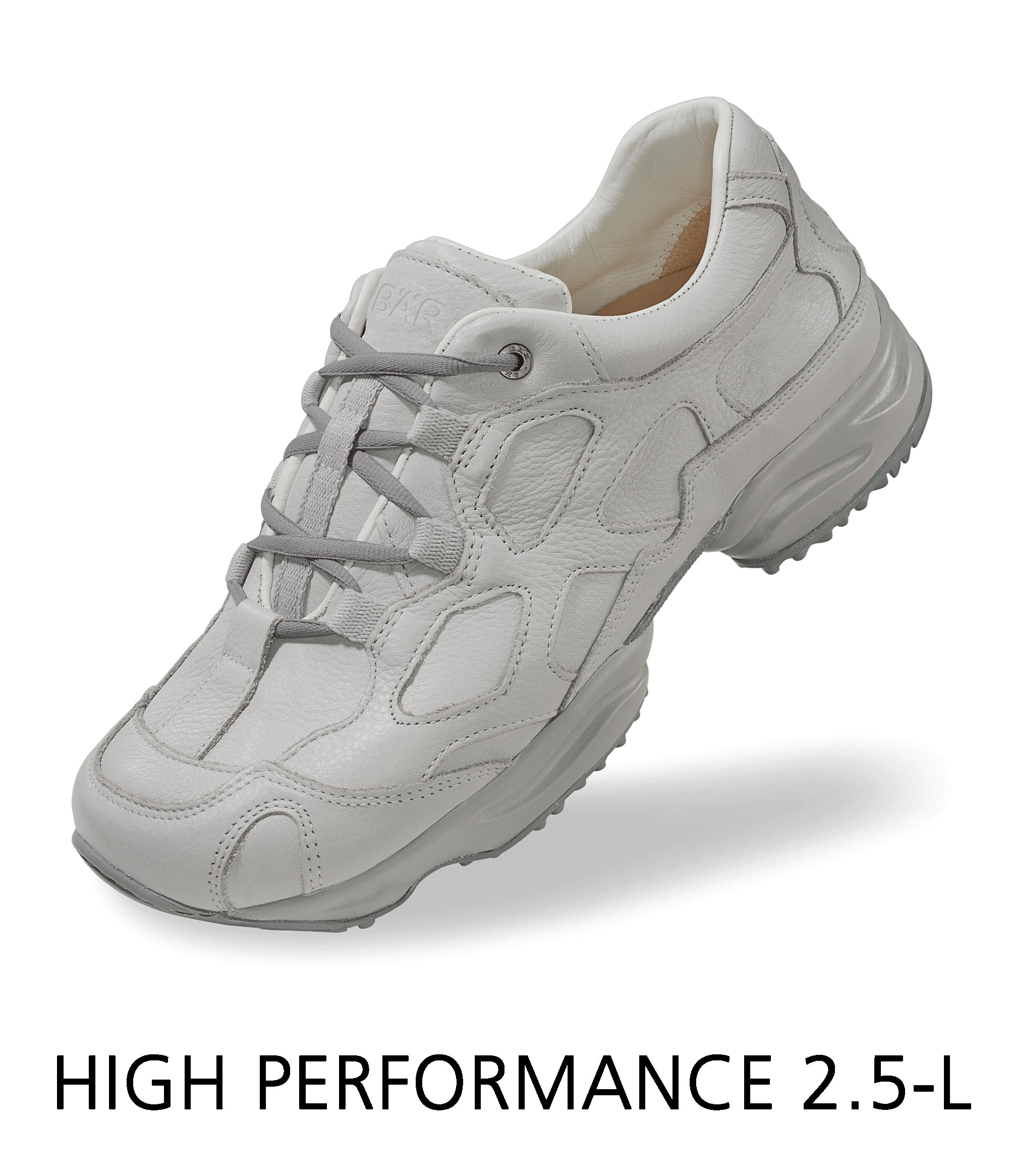 High Performance 2.5-L Athletic Shoe - Side View White High Performance 2.5-L athletic shoe with textured design and gray laces