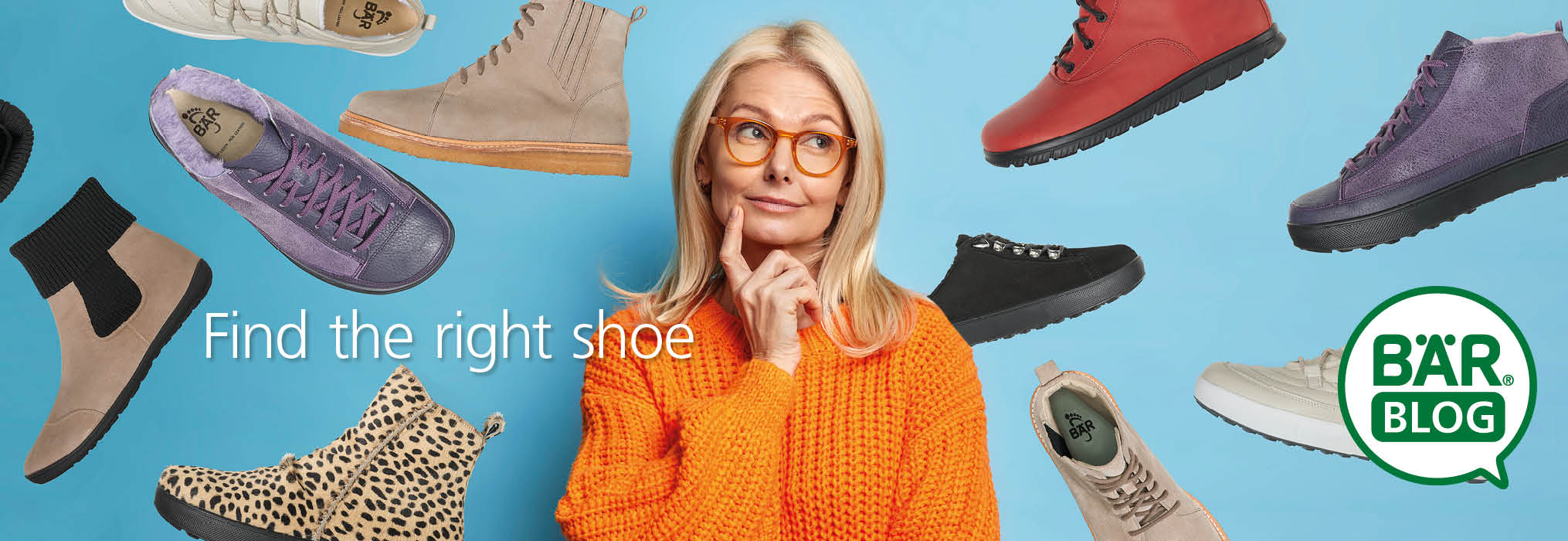 Woman in orange sweater surrounded by various shoes with 'Find the right shoe' text Blonde woman in orange sweater contemplating surrounded by different shoe styles on blue background