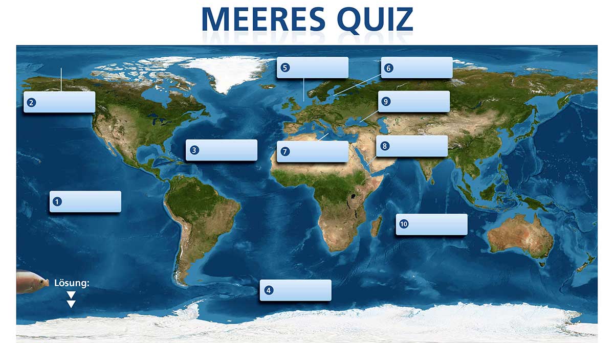 Weltkarte mit nummerierten Regionen für ein Meeres-Quiz Weltkarte mit nummerierten Regionen für ein Meeres-Quiz, in der verschiedene Ozeane und Meeresregionen gekennzeichnet sind.
