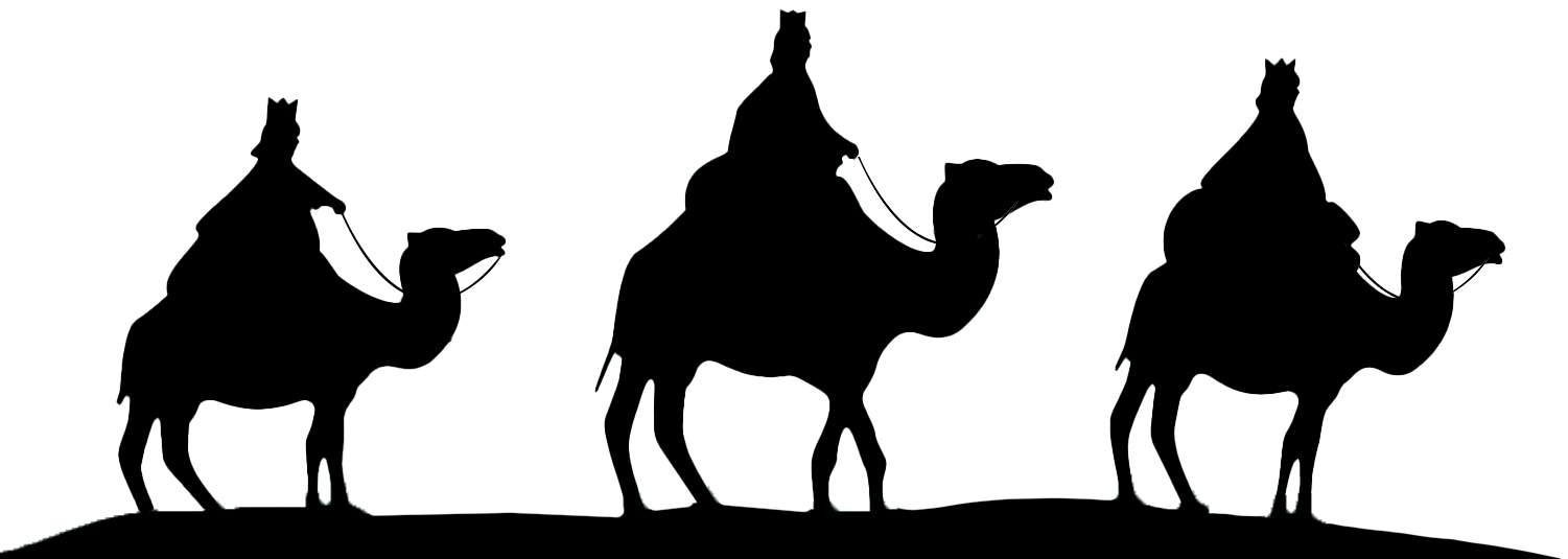 Silhouette der Heiligen Drei Könige auf Kamelen Schwarze Silhouette der drei Weisen aus dem Morgenland, die auf Kamelen reiten