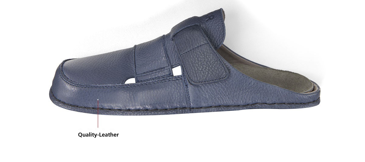 Men's Blue Leather Slip-On Sandal Side view of a men's blue leather slip-on sandal with quality leather detail