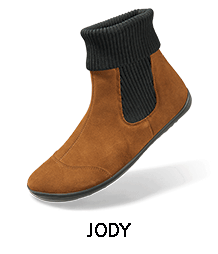 Side view of a brown ankle boot featuring a black knit cuff and a textured sole, labeled 'JODY'