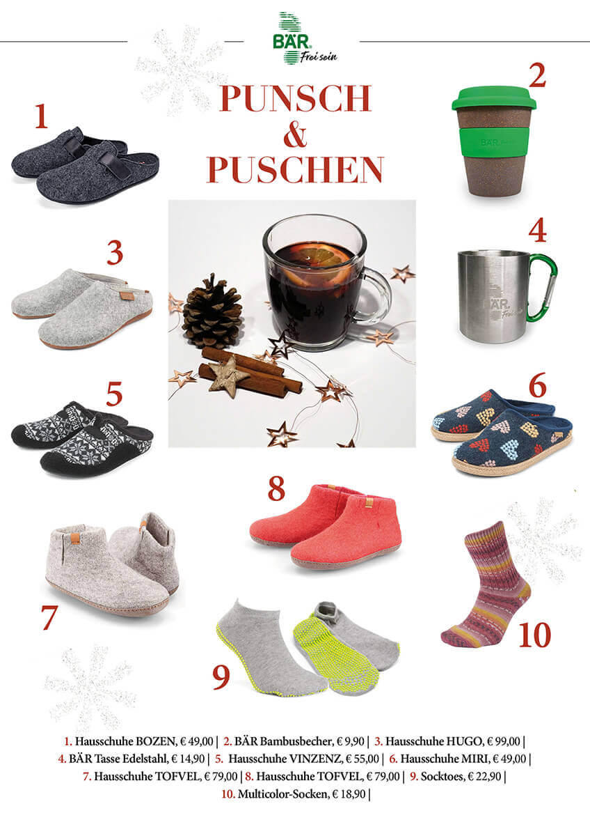 Winter Comfort: Mulled Wine and Cozy Slippers Collection Various slippers, mugs, and winter-themed items including mulled wine in a glass mug with cinnamon sticks, pine cones, and decorative stars.
