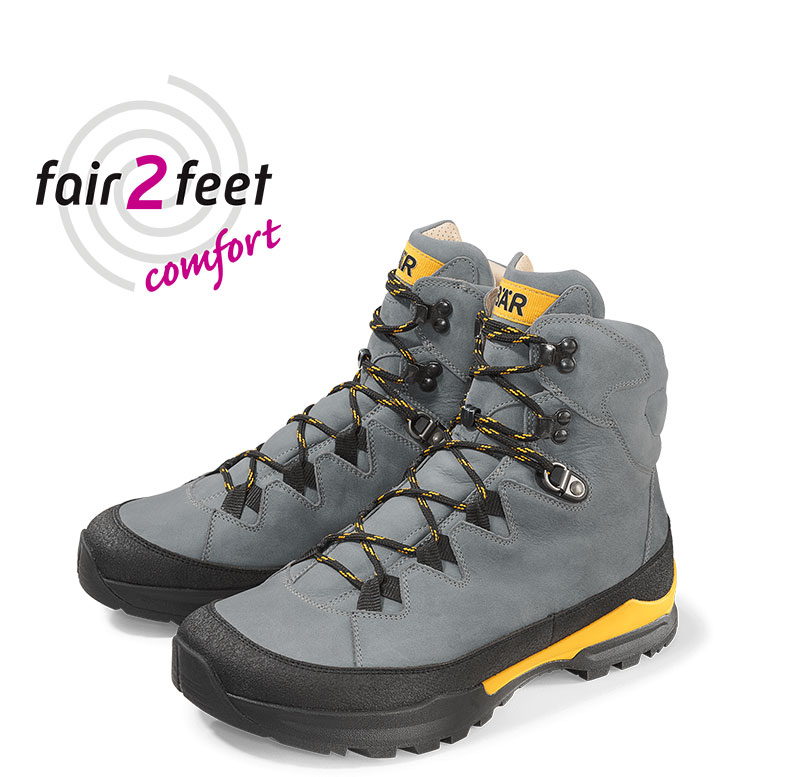 Comfortable gray hiking boots with black and yellow accents - Fair2Feet Brand Gray hiking boots with sturdy soles and yellow details, ideal for outdoor adventures