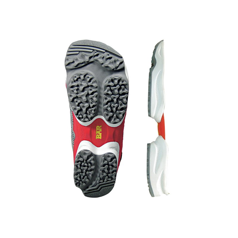 Rote und weiße Sneaker-Sohle mit innovativem Profil Seitenansicht und Unterseite einer Sneaker-Sohle in Rot und Weiß mit markantem Profil