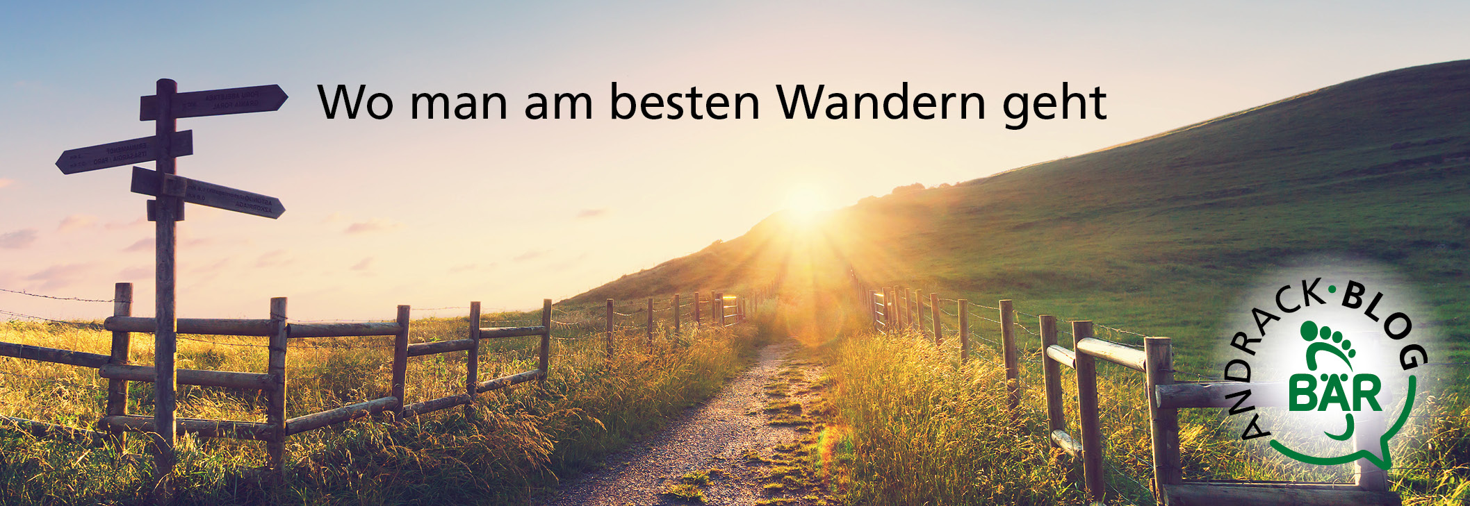 Sonnenaufgang über einem Wanderweg mit Wegweiser - Andrack Blog - Wo man am besten Wandern geht Idyllische Landschaft bei Sonnenaufgang mit Holzwegweiser und Wiese, passend zum Thema Wandern auf dem Andrack Blog