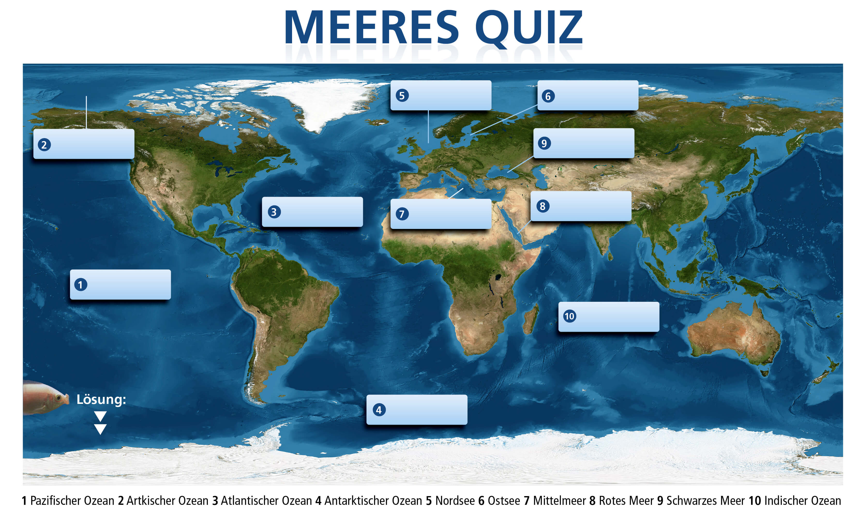 Map of the world with numbered locations for ocean quiz, showing Arctic, Atlantic, Pacific Oceans and other seas.