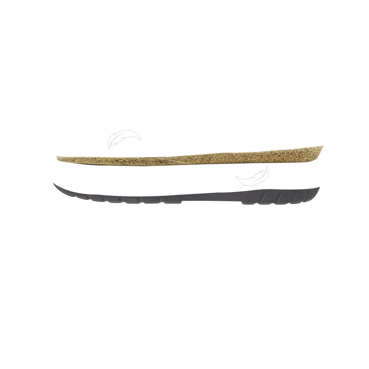 Side view of a lightweight shoe sole Profile of a shoe sole with textured layers and feather imprint