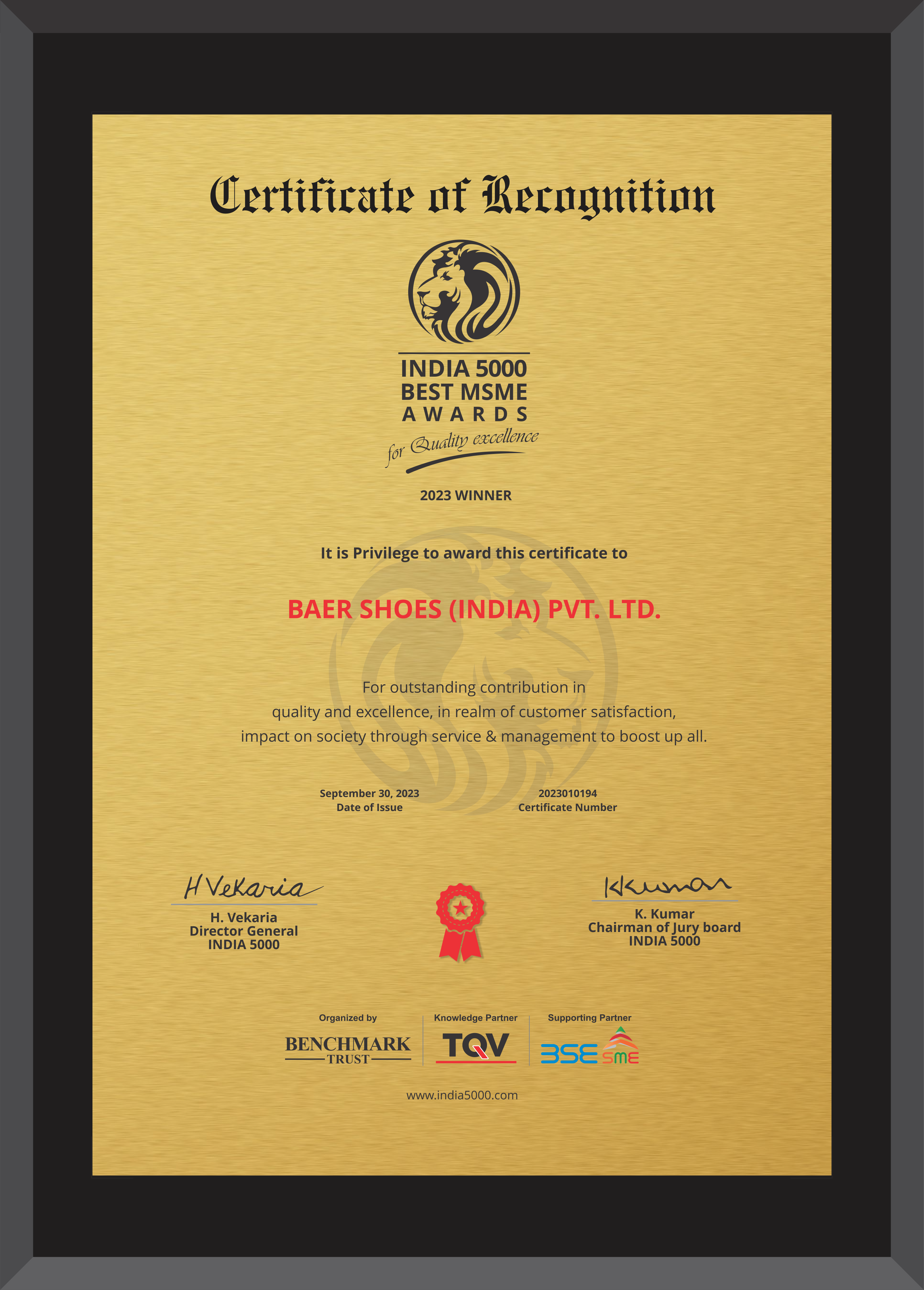 Zertifikat für BAER SHOES (INDIA) PVT. LTD. – INDIA 5000 Best MSME Awards 2023 Gewinner Zertifikat der INDIA 5000 Best MSME Awards 2023, verliehen an BAER SHOES (INDIA) PVT. LTD. für herausragende Beiträge zu Qualität und Kundenzufriedenheit.
