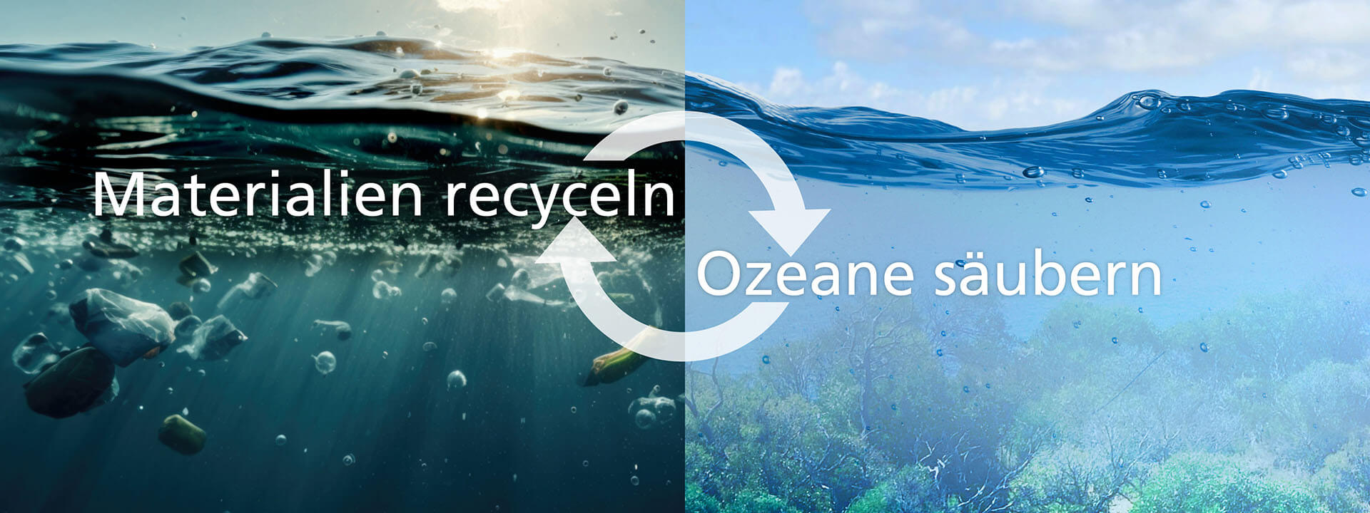 Recycling von Materialien, um Ozeane zu säubern Grafik mit der Botschaft 'Materialien recyceln, Ozeane säubern'; zeigt Wasseroberfläche und Meeresverschmutzung