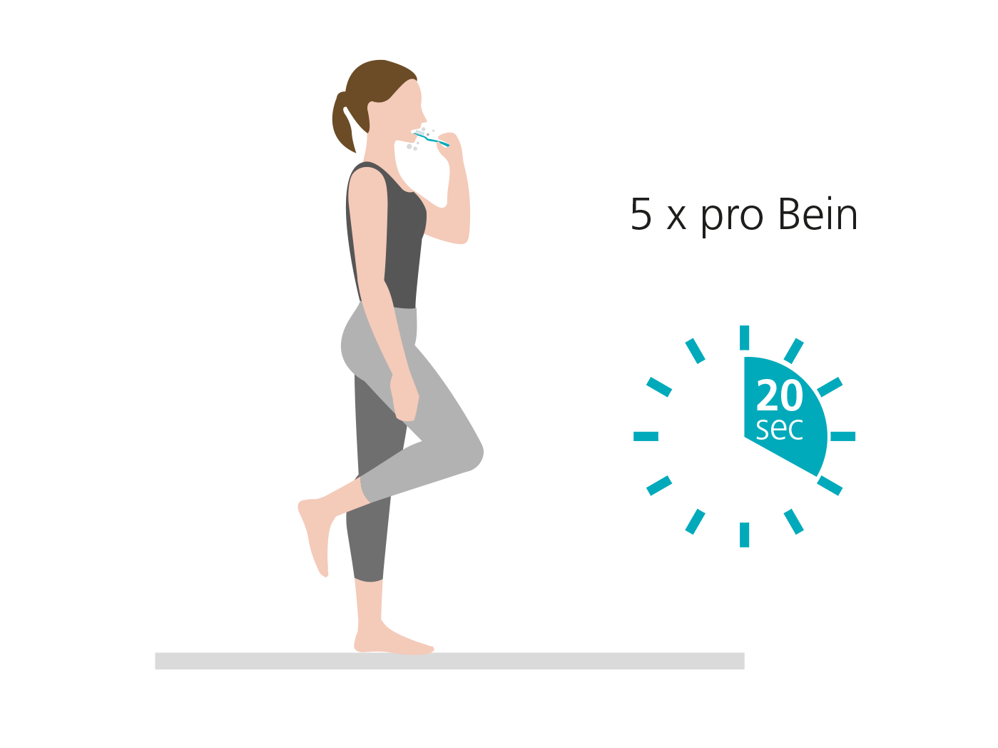 Balance Exercise Illustration - 20 Seconds Per Leg Illustration of a woman performing a balance exercise standing on one leg, brushing teeth, with a timer showing 20 seconds per leg.