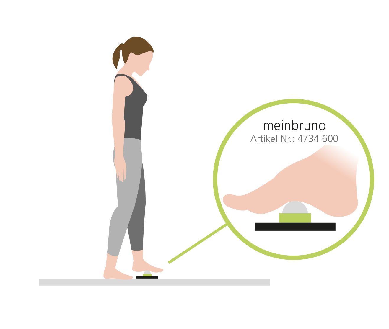Illustration of a woman using a foot exercise device by meinbruno A woman demonstrating the use of meinbruno foot exercise device, product number 4734 600, standing on a small platform.