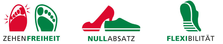 Drei Icons zeigen Prinzipien von Schuhdesign: Zehenfreiheit, Nullabsatz und Flexibilität mit symbolischen Darstellungen in Rot und Grün.