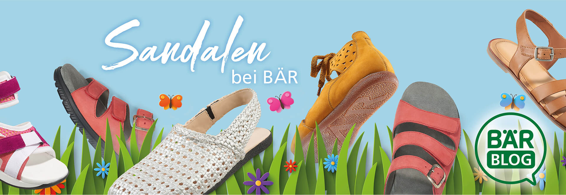 Explore BÄR's Vibrant Sandals Collection Colorful sandals collection by BÄR with butterflies and flowers on light blue background.