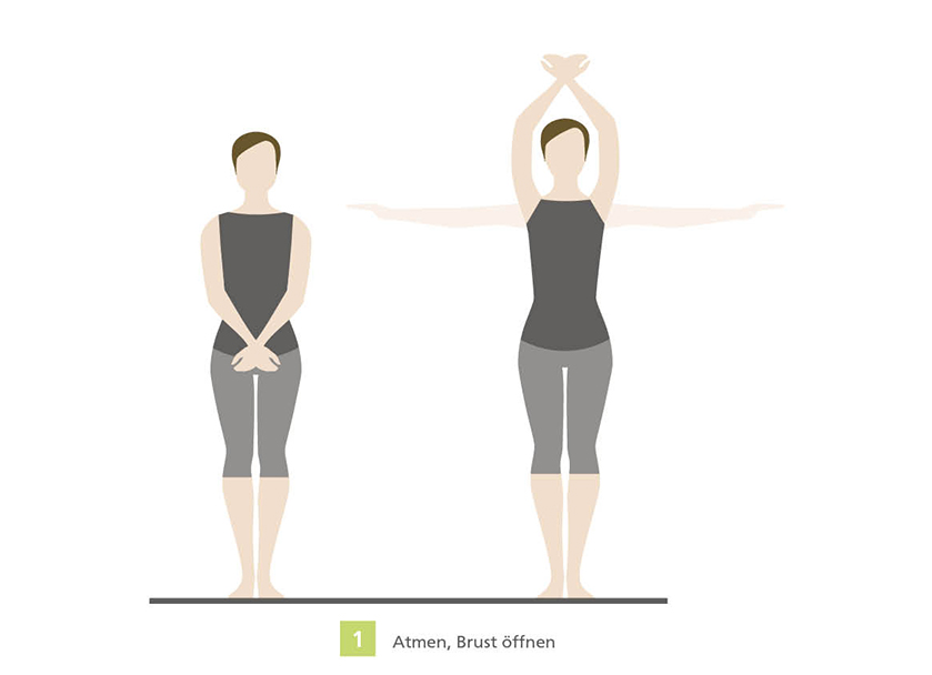 Yoga Breathing Exercise Illustration Illustration of a person performing a yoga breathing exercise, showing two positions: standing relaxed and standing with arms raised.