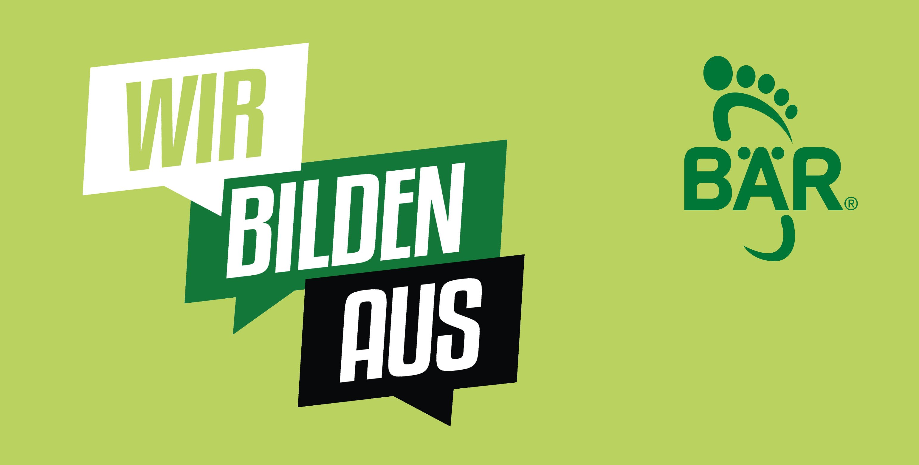 Wir bilden aus – BÄR Logo auf grünem Hintergrund Grafik mit dem Text 'Wir bilden aus' und dem BÄR Logo auf grünem Hintergrund