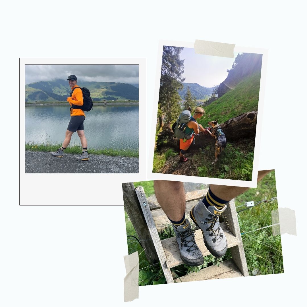 Outdoor-Abenteuer mit Wanderschuhen und Rucksack Person beim Wandern am Seeweg, Paar mit Hund in der Natur, Nahaufnahme von Wanderschuhen auf einer Holztreppe
