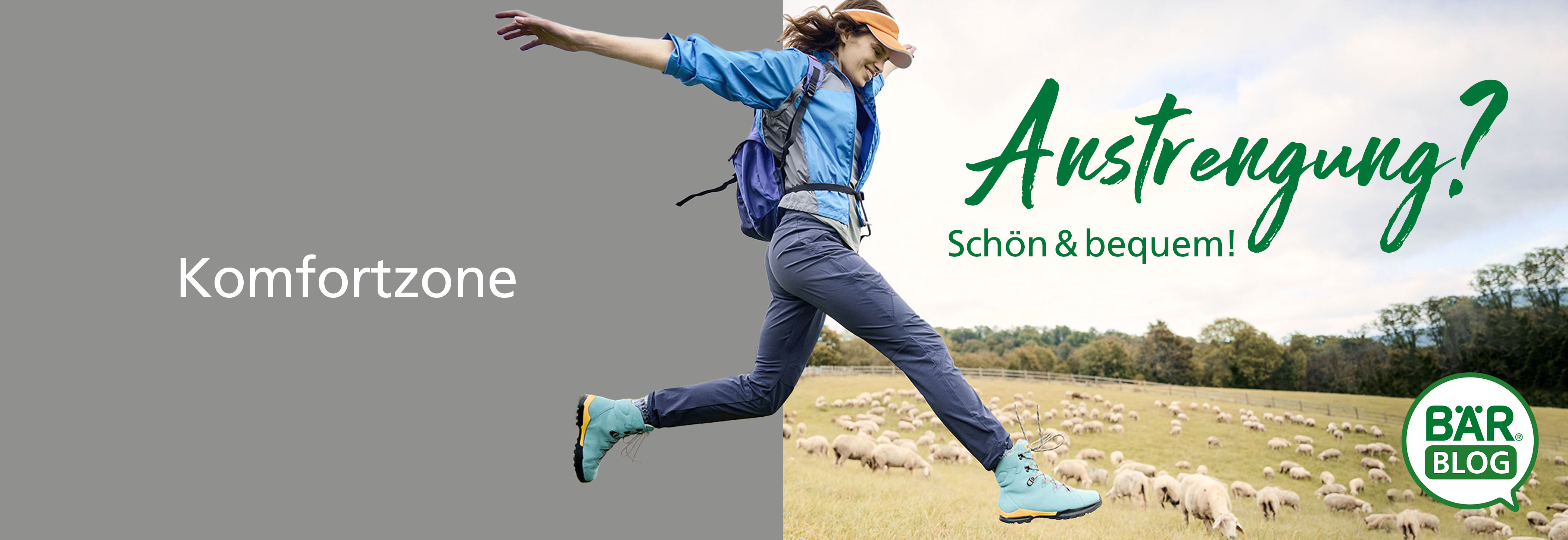 Woman Jumping Energetically in Comfortable Outdoor Clothing A woman wearing outdoor clothing jumping energetically in a field with a flock of sheep, symbolizing comfort and freedom.