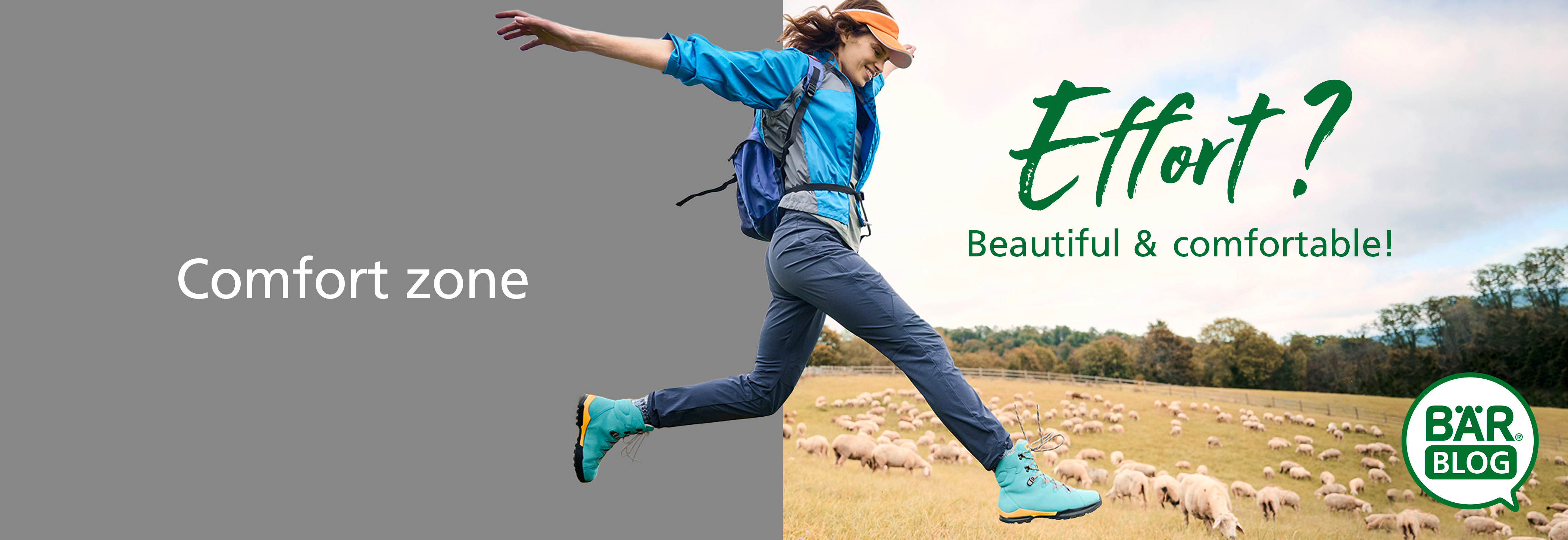 Effortless Comfort and Style on the Move A woman confidently running through a field wearing comfortable hiking gear, emphasizing beauty and comfort.