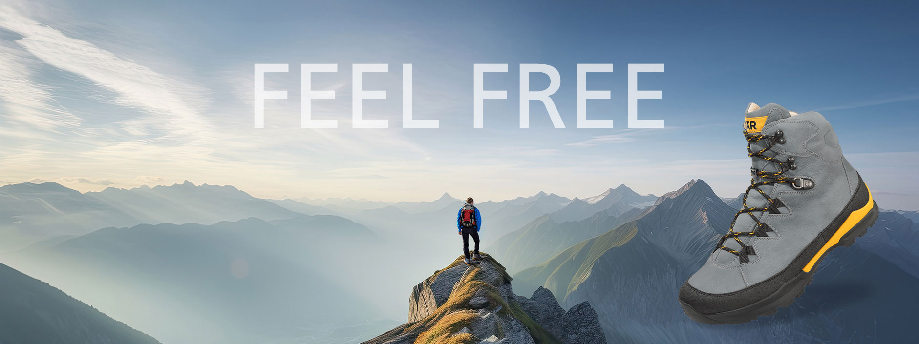 Person auf Bergkamm mit robustem Wanderstiefel, umgeben von Bergen und blauem Himmel. Text: Feel Free