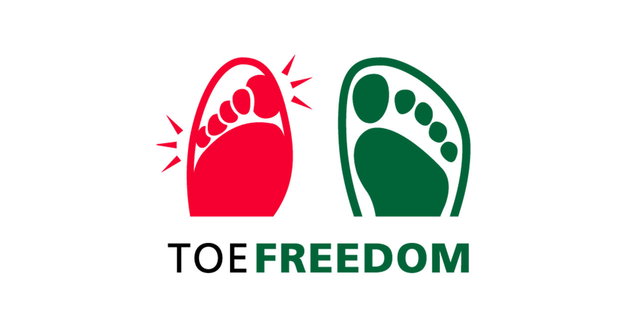 Toe Freedom Logo with Red and Green Footprints Logo showing red and green footprints representing Toe Freedom