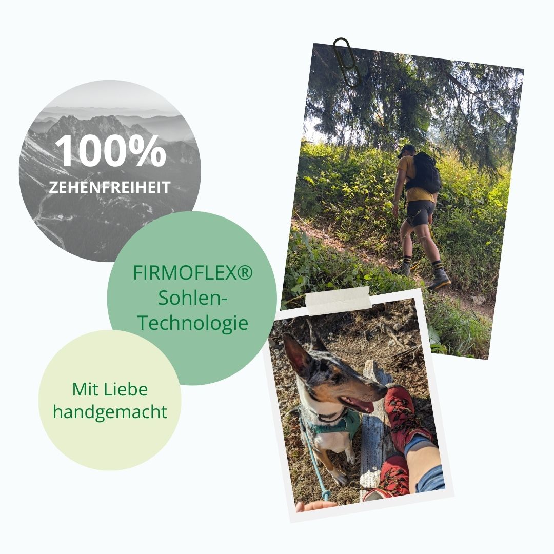 Leichte Wanderschuhe mit FIRMOFLEX® Sohlentechnologie für optimalen Komfort und Zehenfreiheit Person beim Wandern im Wald mit FIRMOFLEX® Schuhen, daneben ein Hund, umgeben von Slogans zur Zehenfreiheit und handgefertigten Schuhen