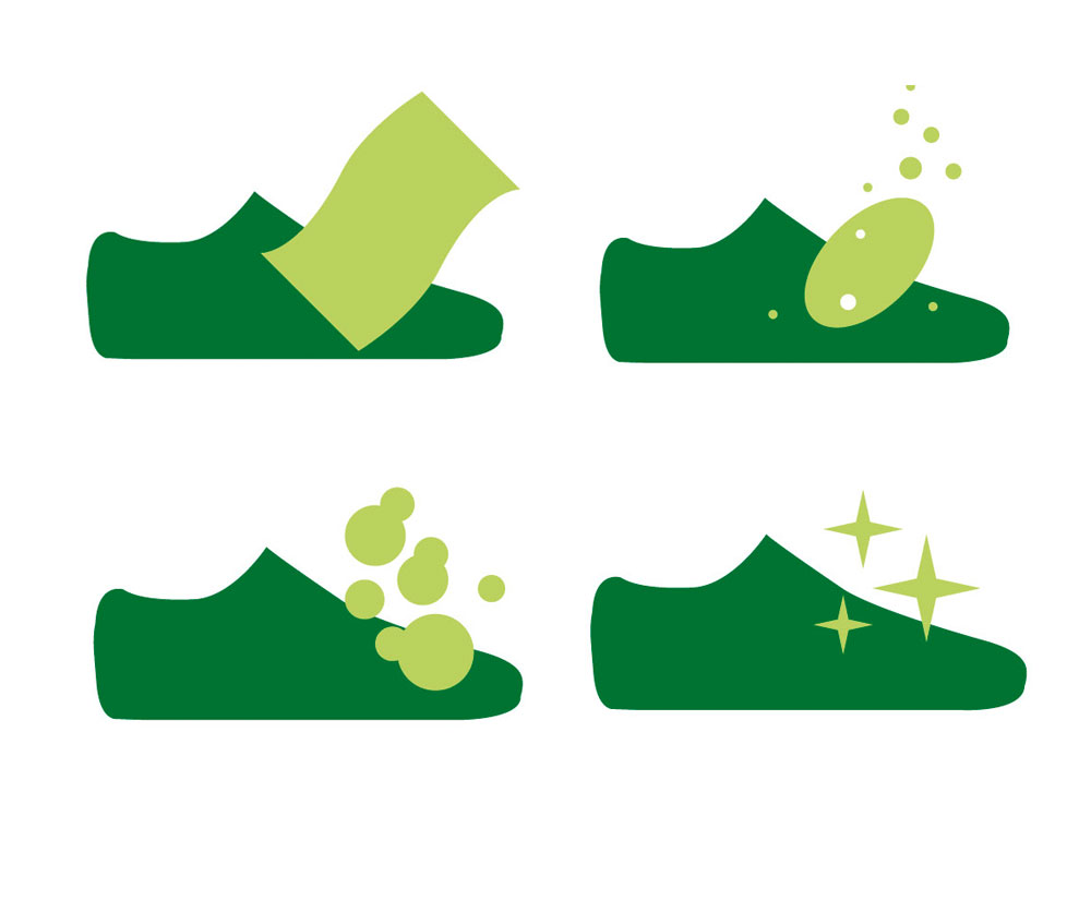 Illustration of Shoe Cleaning Process with Four Steps Graphic depicting a four-step shoe cleaning process with icons showing brushing, applying cleaner, scrubbing, and a sparkly clean shoe.