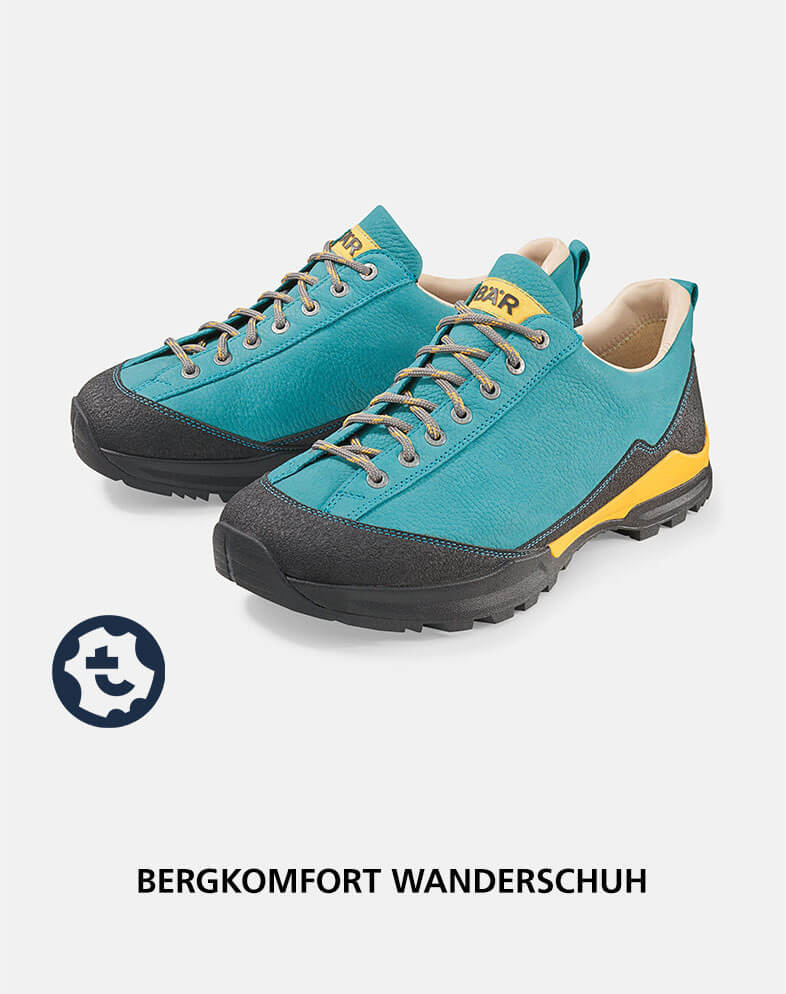 Blauer Wanderschuh mit gelben Akzenten und robustem Profil, ideal für Bergwanderungen