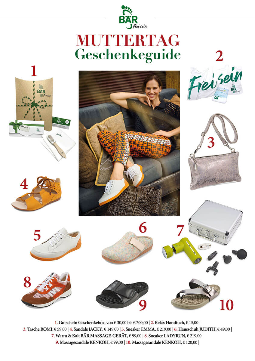 Mother's Day gift guide featuring various products by BÄR Shoes, including gift box, handbag, sandals, sneakers, massage devices, and more.