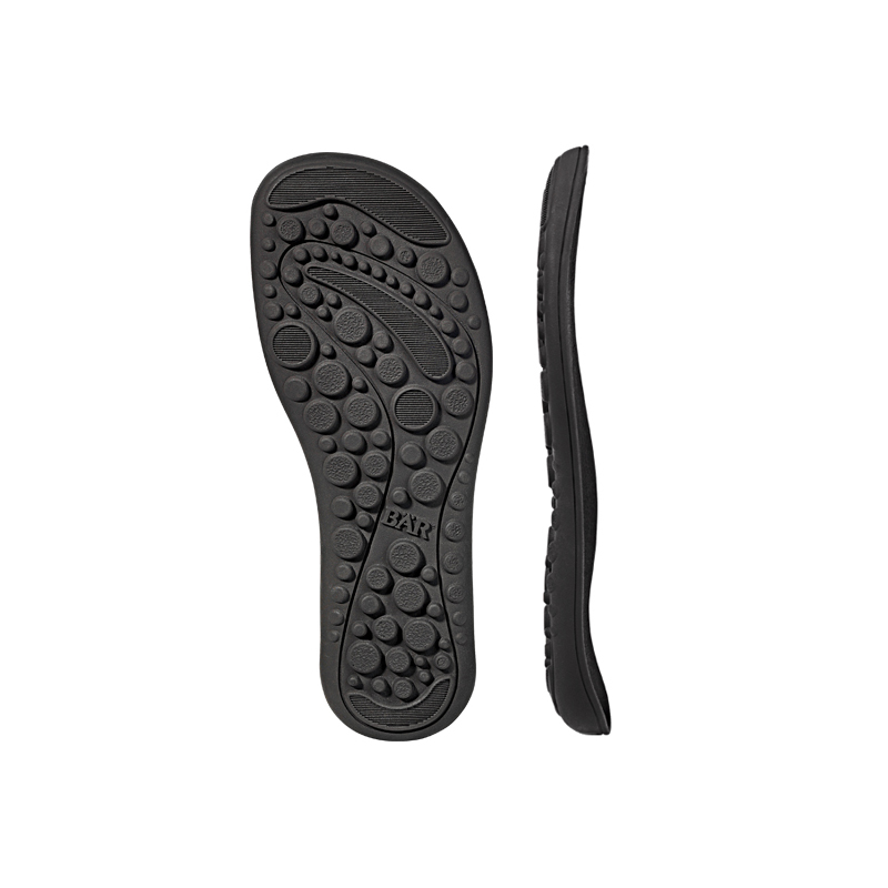 Ergonomische schwarze Schuhsohlen für optimalen Komfort Zwei schwarze Schuhsohlen mit strukturierter Oberfläche für besseren Halt und Komfort