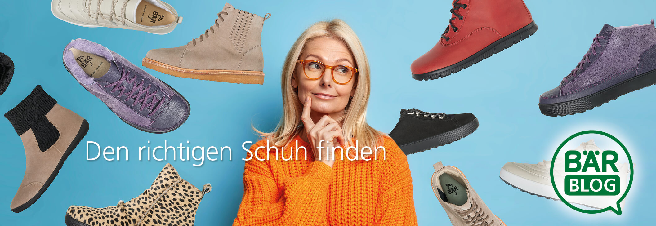 Find Your Perfect Shoe - BÄR Blog Woman pondering shoe choices with various shoe styles, BÄR Blog logo.