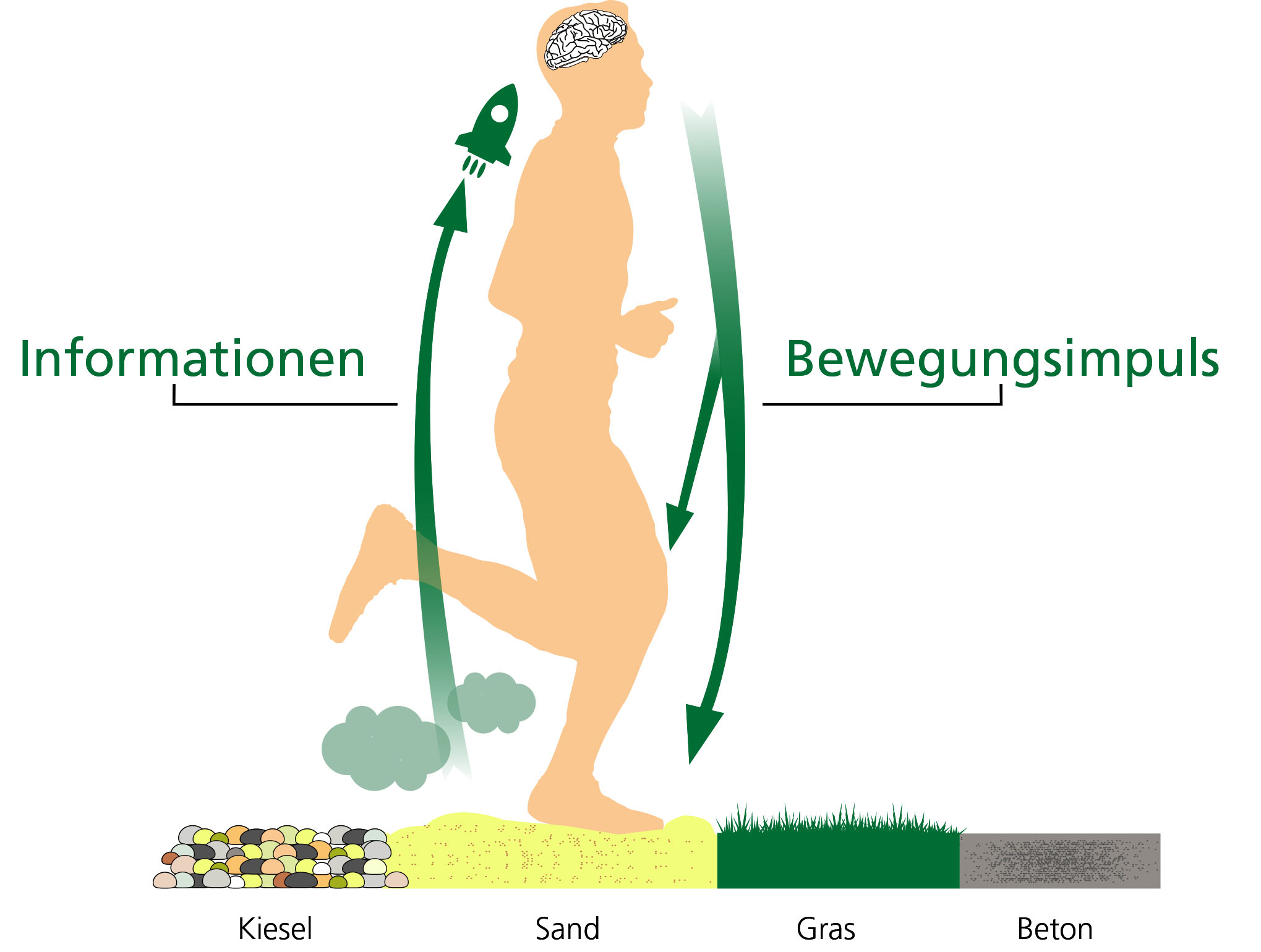 Graphic of a person running over different surfaces indicating information flow and motion impulse Illustration of a runner showing information flow and motion impulse on pebbles, sand, grass, and concrete surfaces