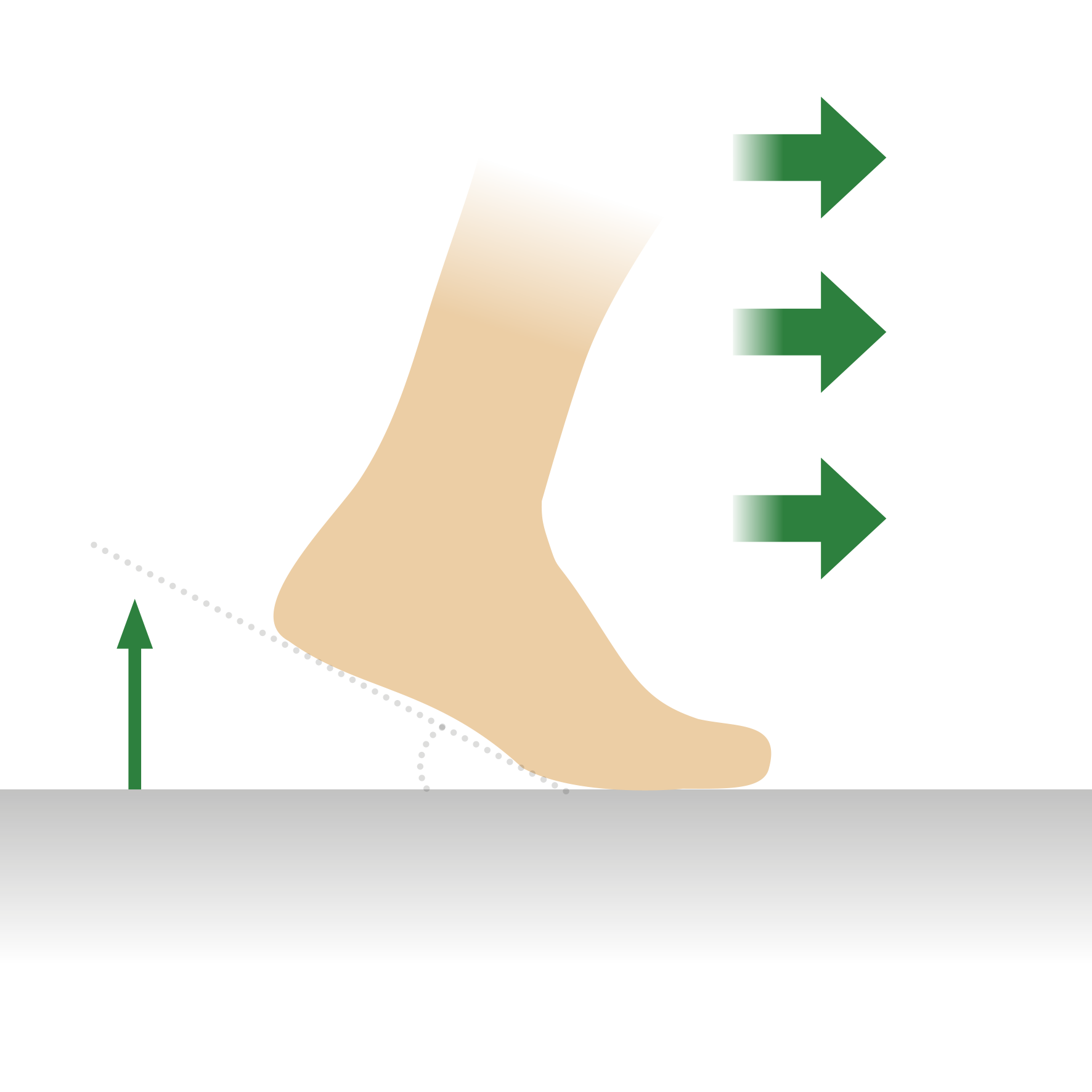 Illustration of foot stepping with motion arrows Diagram showing a foot stepping forward with directional arrows indicating movement