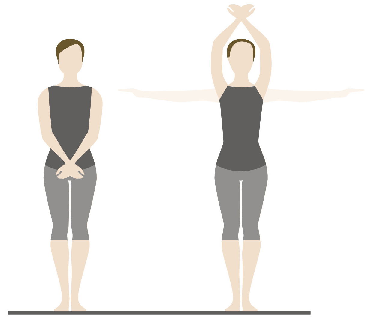 Illustration of a woman performing yoga poses Graphic showing a woman in two yoga positions, standing with hands crossed and arms raised