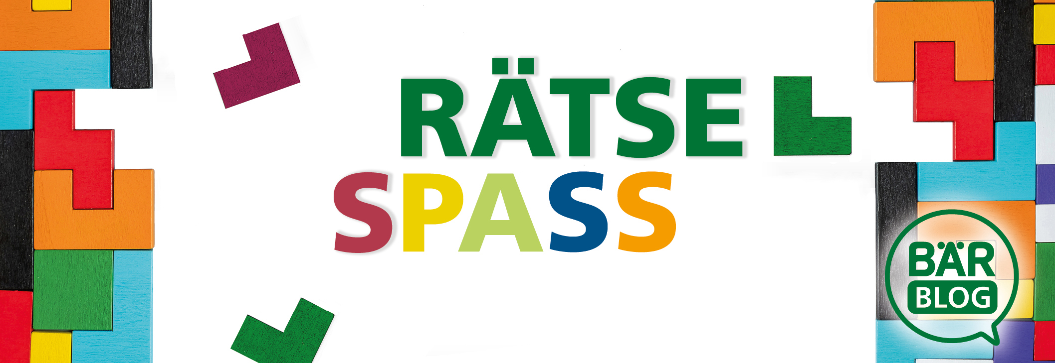 Colorful wooden puzzle blocks with the words 'Rätsel Spaß' and the Bär Blog logo.