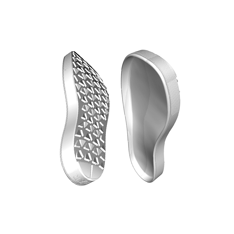 Ergonomische Schuheinsätze mit rutschfestem Muster Zwei ergonomische Schuheinsätze mit rutschfestem, geometrischem Muster von oben und unten gezeigt