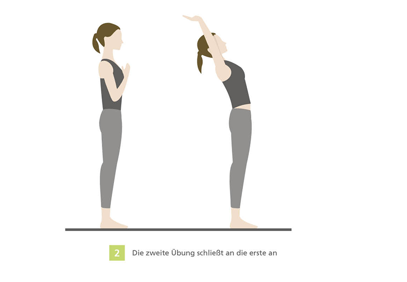 Illustration of a woman performing a yoga stretch sequence Illustration showing two poses of a yoga stretch sequence with a woman in workout attire transitioning from a standing position with one pose to a backward arm stretch.
