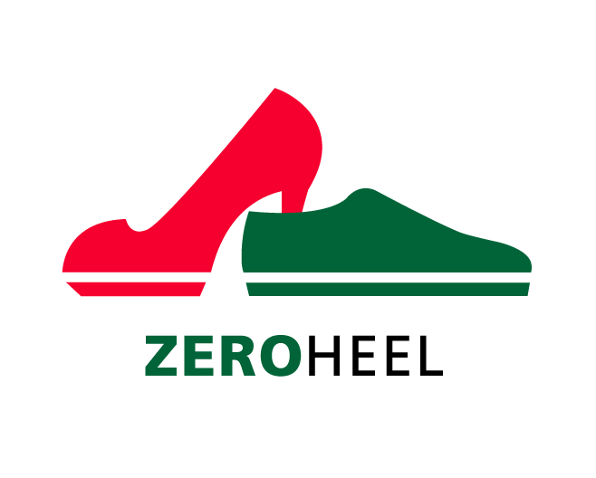 Logo of ZERO brand with a red high heel and a green sneaker ZERO brand logo featuring a red high heel and green sneaker