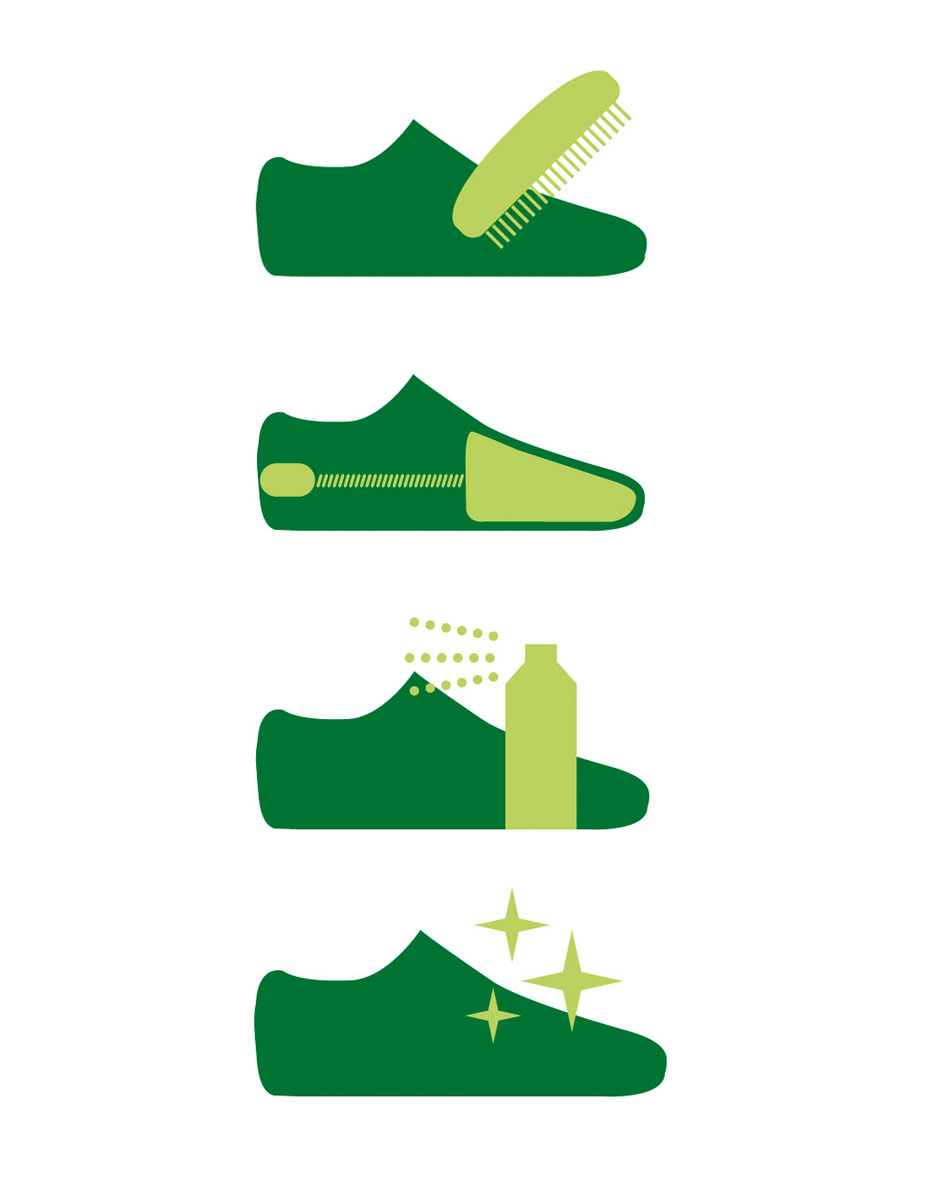 Shoe Cleaning Process Illustration Illustration depicting a step-by-step shoe cleaning process with four stages including brushing, applying cleaner, spraying, and showing a polished shoe.