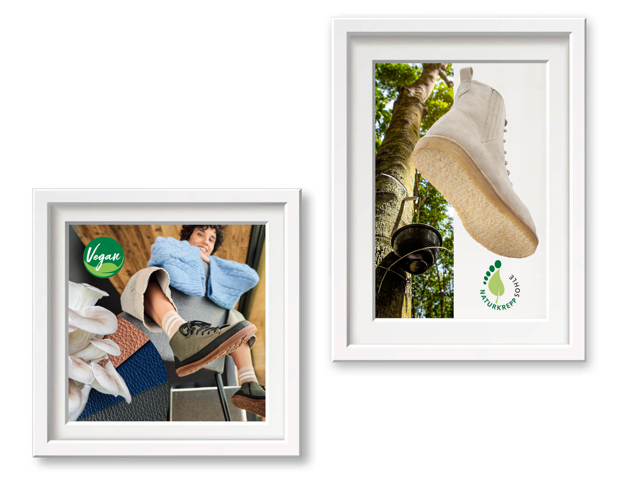 Vegane Schuhe mit Naturkreppsohle in stilvollem Design Zwei Bilder in weißen Rahmen; eines zeigt eine Person mit blauer Jacke und veganen Schuhen, das andere einen Baum mit einer Schuhsohle aus Naturkrepp