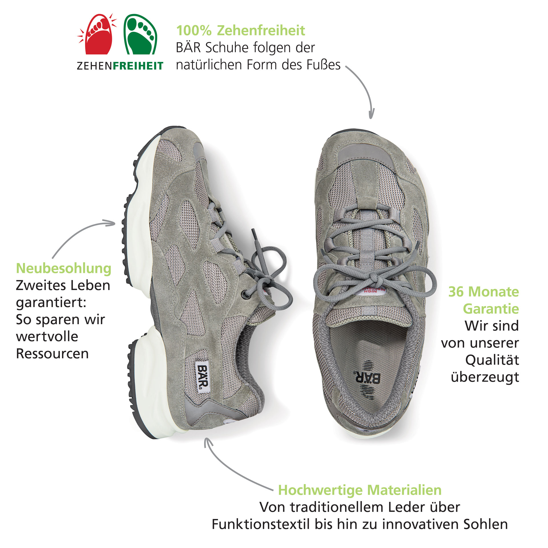 Comfortable BÄR Shoes with Toe Freedom and Durability Pair of grey BÄR shoes emphasizing toe freedom, high-quality materials, 36-month warranty, and re-soling feature for sustainability.