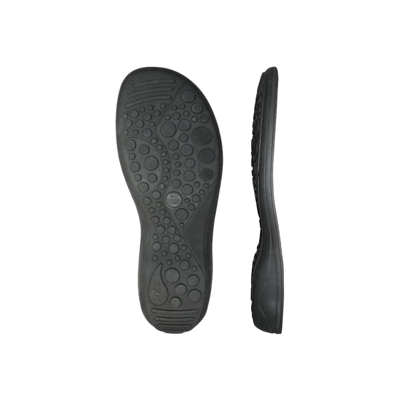 Schwarze ergonomische Schuhsohlen für optimalen Komfort Schwarze Schuhsohlen in ergonomischem Design, eine von oben und eine von der Seite gesehen