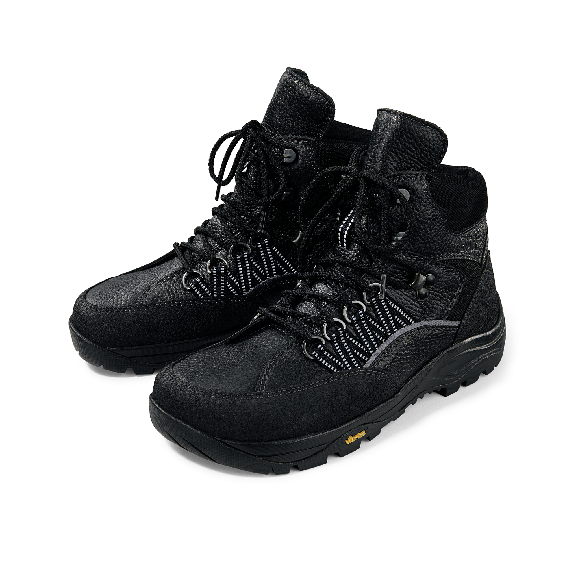Hochwertige schwarze Wanderstiefel aus Leder und Textil Schwarze Wanderstiefel aus Leder mit robusten Schnürsenkeln und gepolsterter Sohle, perfekt für Outdoor-Abenteuer