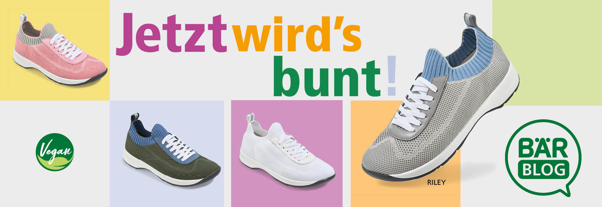 Colorful Vegan Sneakers Collection by BÄR Shoes Display of colorful vegan sneakers from BÄR Shoes with the slogan 'Jetzt wird's bunt'.