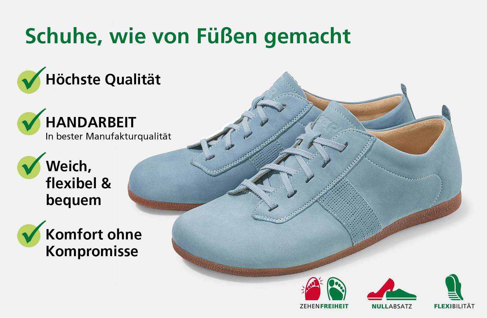 Bequeme handgefertigte Schuhe aus hochwertigem Material Ein Paar hellblaue Lederschuhe, handgefertigt, flexibel und komfortabel, mit Schlagworten wie höchste Qualität, Weichheit und Komfort ohne Kompromisse.