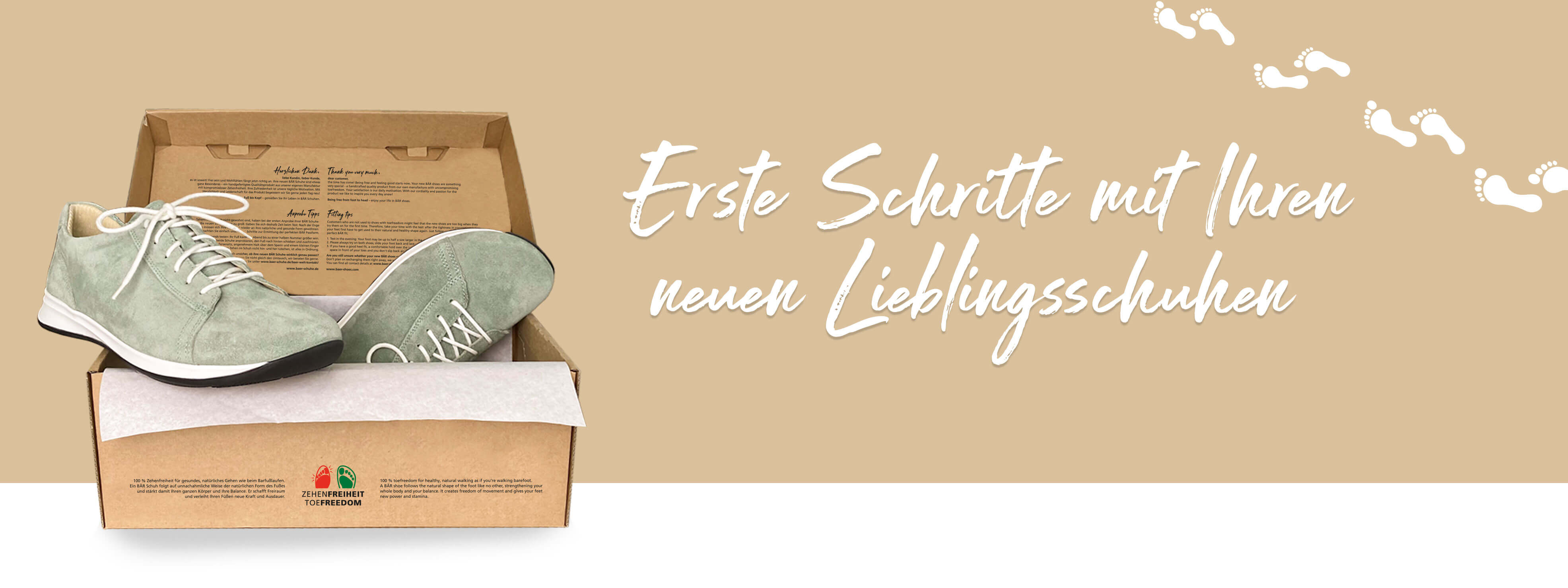 First Steps with Your New Favorite Shoes - Shoe Box with Stylish Sneaker Open shoe box with stylish, sage green sneakers on a beige background, text reads 'First Steps with Your New Favorite Shoes'