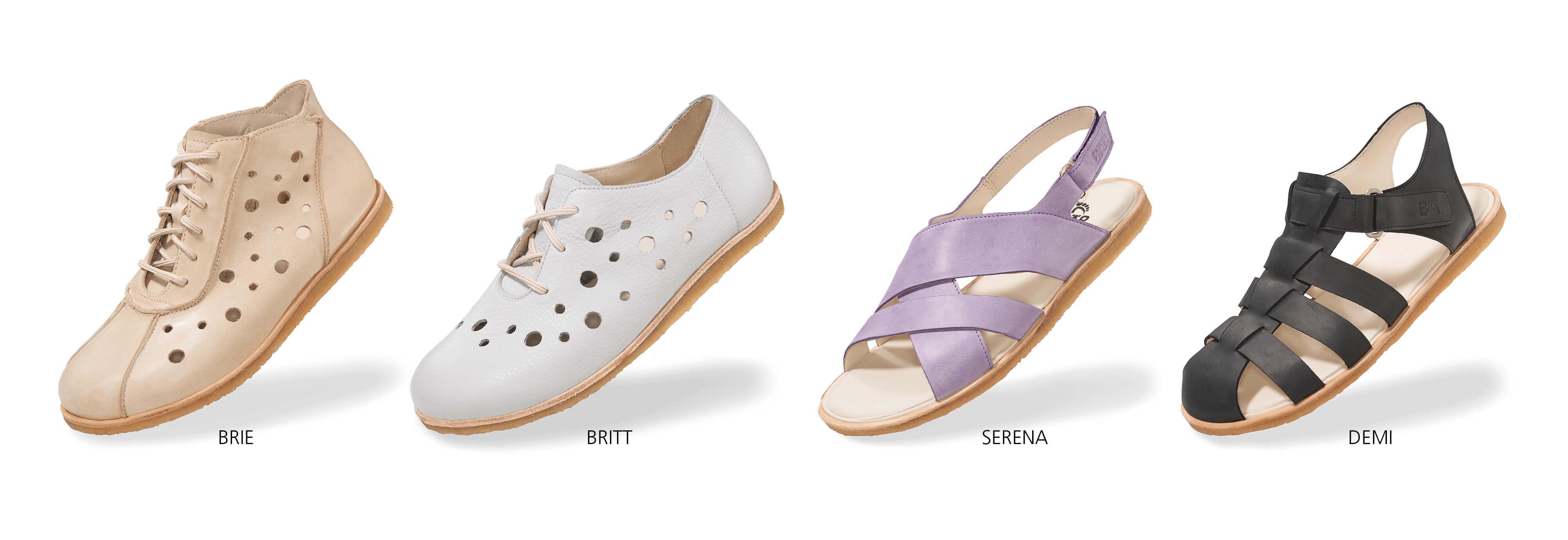 Women's Footwear Collection - Brie, Britt, Serena, Demi Four pairs of women's shoes: a beige leather sneaker, a white leather sneaker, a lavender sandal, and a black sandal.
