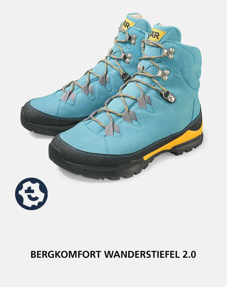 Ein Paar blaue Bergkomfort Wanderstiefel 2.0 mit schwarz-gelber Sohle und stabilen Schnürsenkeln für Outdoor-Aktivitäten