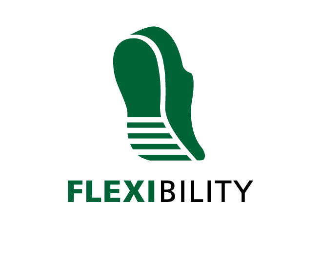 Green Footprint Logo with 'Flexibility' Text Logo featuring a stylized green footprint and the word 'Flexibility' in bold letters